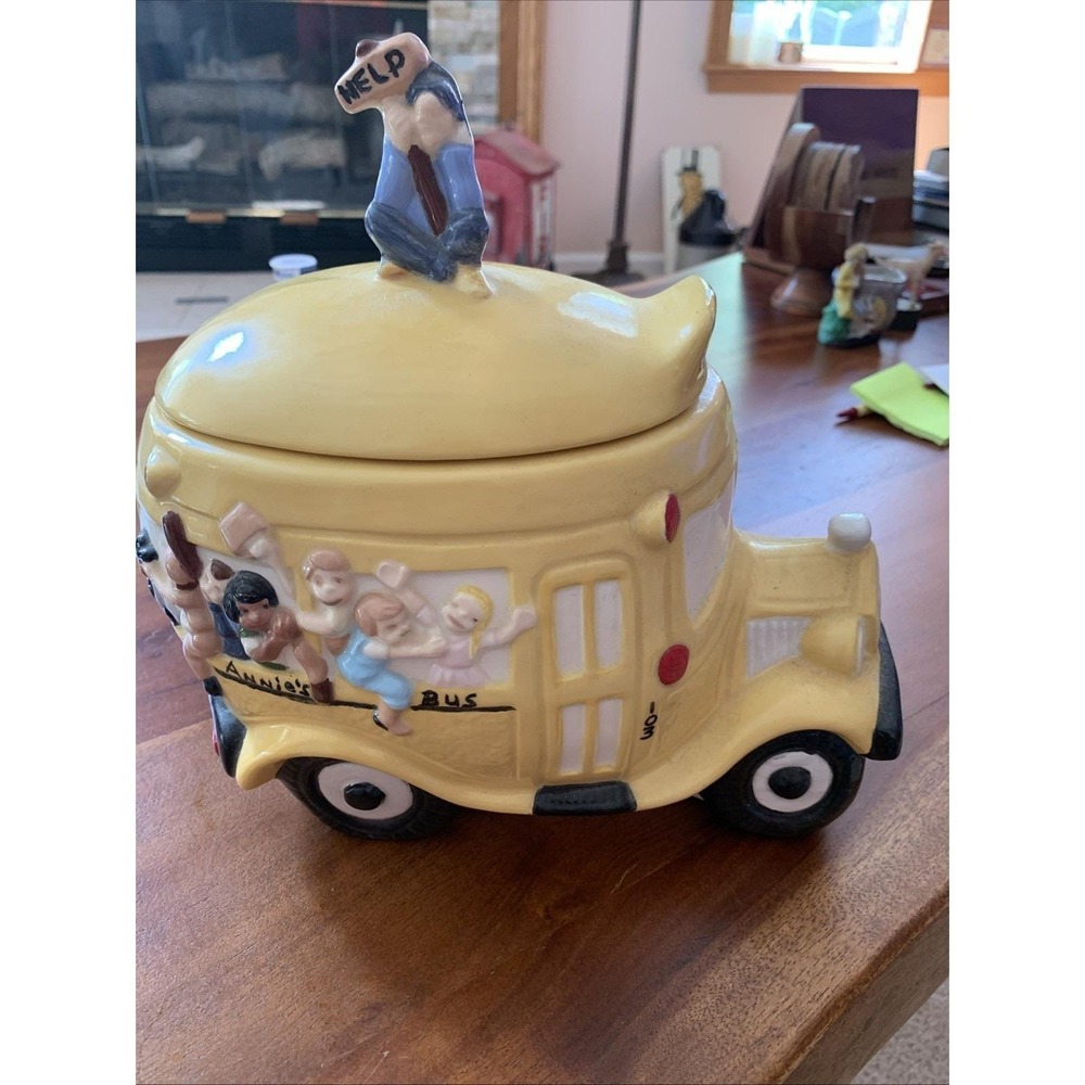 VTG School Bus Ceramic Cookie Jar Driver Sign Help 1950s Hand painted